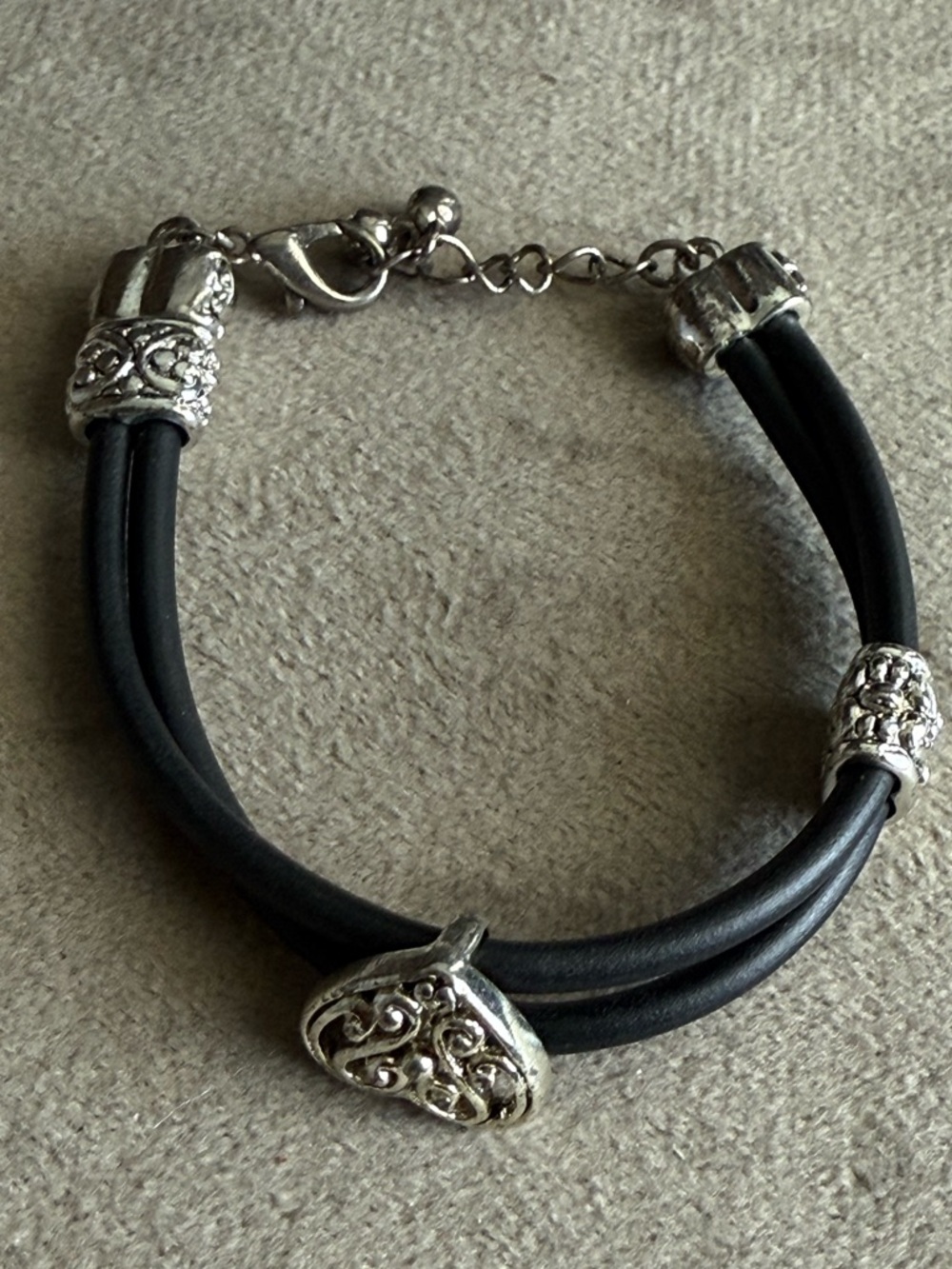 Silver Accent Black Double-Strand Leather Bracelet